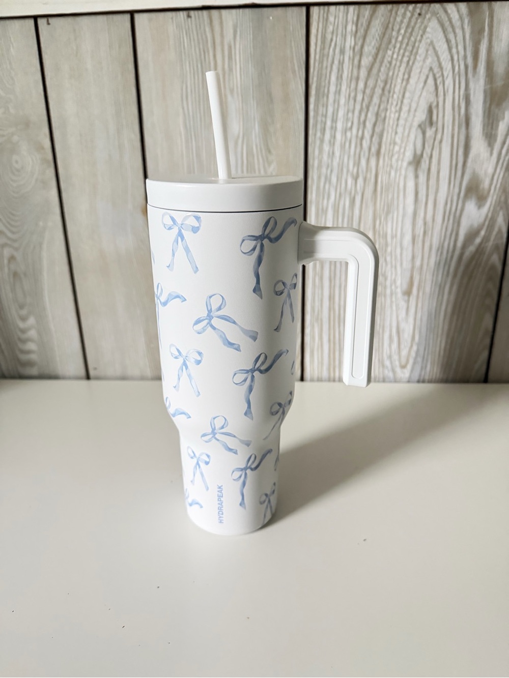 White & Light Blue Bow 40oz Travel Tumbler with Handle Water Bottle
